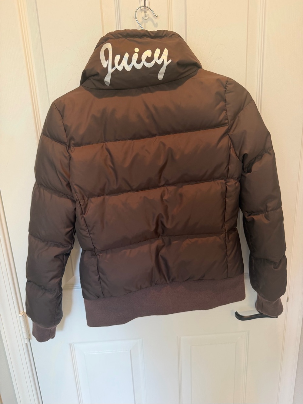Y2K Juicy Couture Dark Brown Puffer Jacket High Neck Spellout P women coat